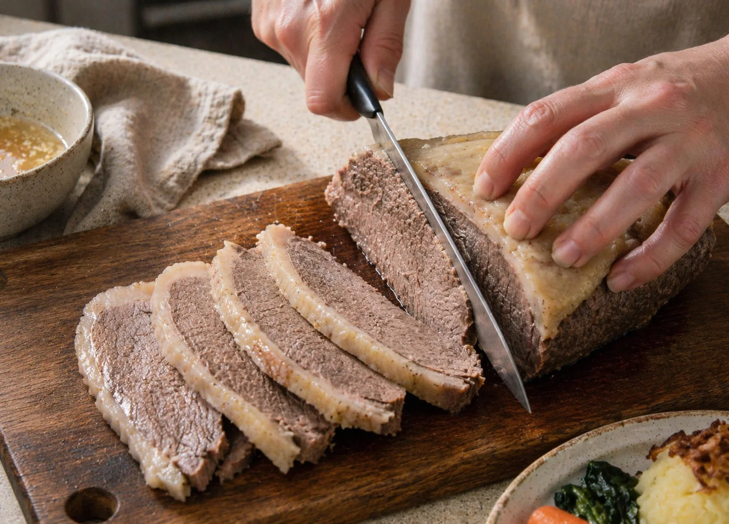 Gegarter Tafelspitz wird in Scheiben geschnitten